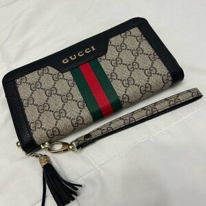 GG Pattern Inspired Zip Wallet Stripe Wristlet Leather Wallet